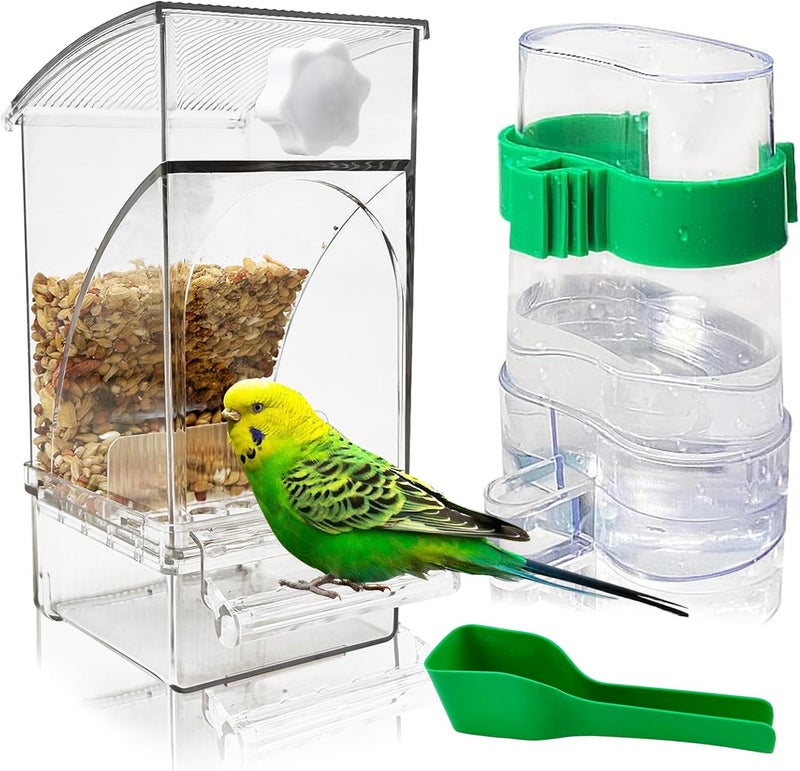 Hamiledyi No Mess Bird Feeders Water Dispenser Set Automatic Parakeet Cage Feeder with Perch Transparent Acrylic Container Parrot Cage Accessories for Canary Budgie Lovebirds Finches - Image 1